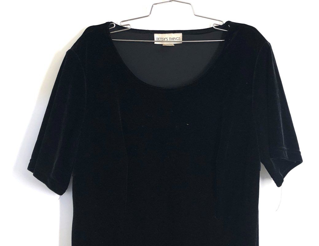 Vintage Betsy's Things 90s Black Velvet Short Sleeve Dress Made USA Sz 16