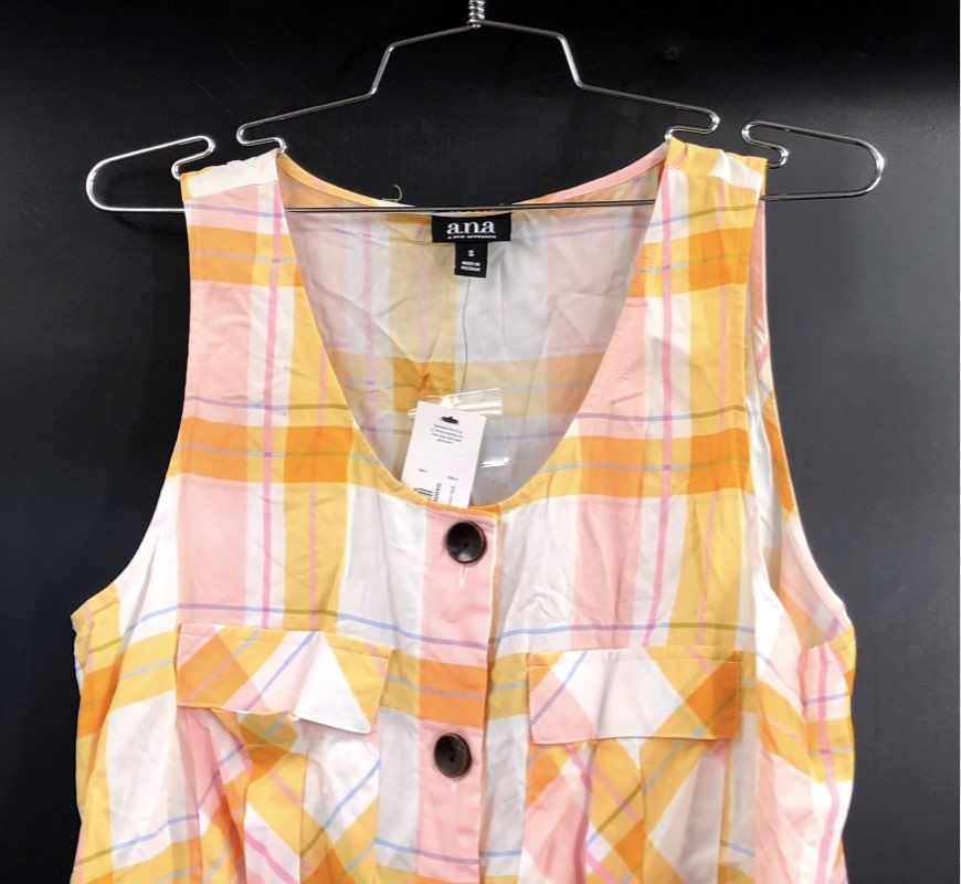 a.n.a Women's Dawn Plaid Sleeveless Tie Front Button Blouse Gold Pink Sz S NWT