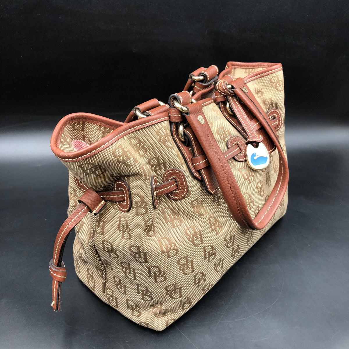 Dooney & Bourke Brown Signature Canvas Monogram Drawstring Satchel Bag COA