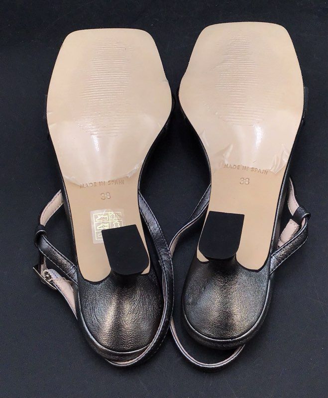 Pedro Antón Pewter Metallic Square Toe Clear Strap Heeled Sandals Size 38 New