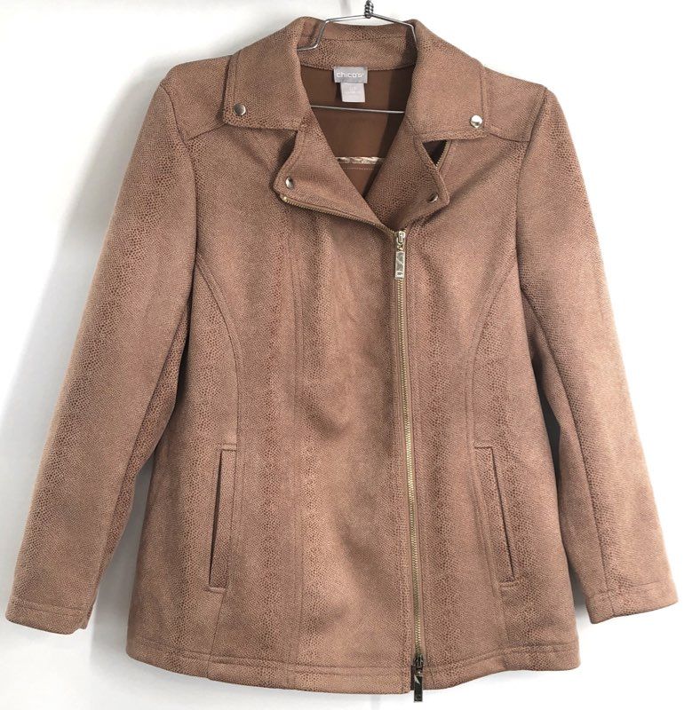 Chico's Women's Tan Snakeskin Faux Suede Asymmetrical Zip Moto Jacket Sz 0P