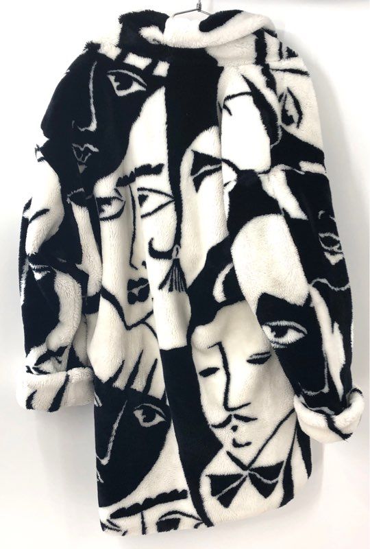 Vintage 80s Donnybrook Women's Faux Fur Coat Black White Faces Print Art Sz S