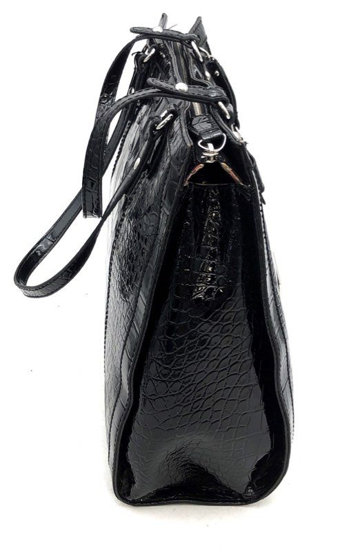 Vintage Guess Black Croc Embossed Patent Faux Leather Tote Shoulder Bag Y2K