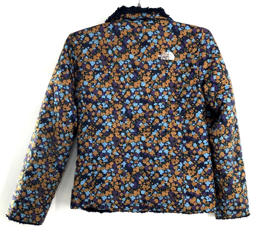 The North Face Girl's Mossbud Swirl Reversible Jacket Floral Navy Orange Sz M