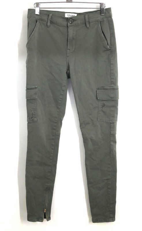 Frame Women's Platoon Skinny Cargo Pants Olive Ankle Zip Distressed Sz 28