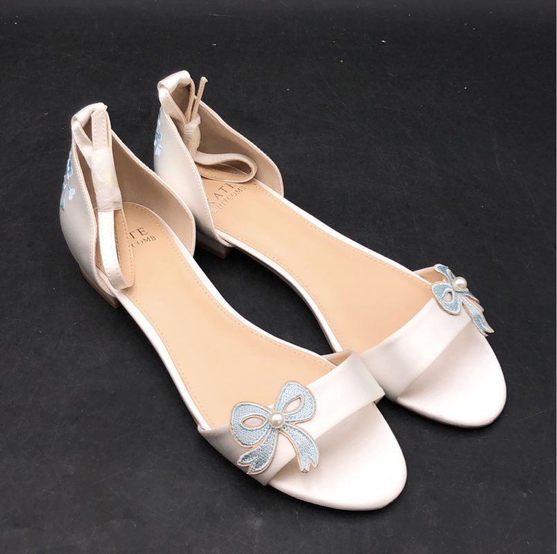 Kate Whitcomb Something Blue Ivory Satin Bow Bridal Wedding Flats Size 8 NIB