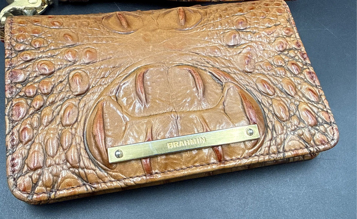 Brahmin Tan Croc Embossed Melbourne Leather Wristlet Wallet Gold Hardware