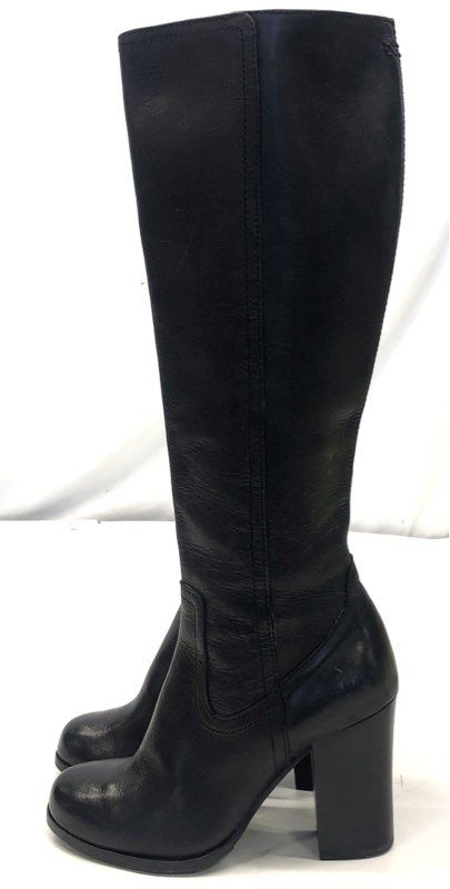 Frye Regina Black Leather Tall Side Zip Block Heel Boots Women's Size 5.5