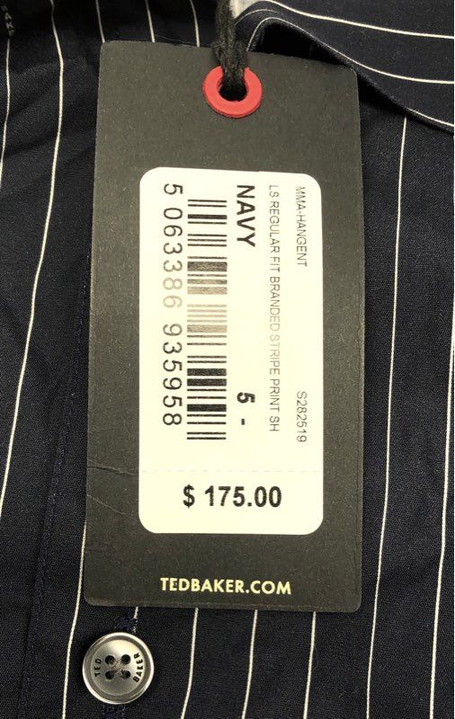 Ted Baker Men's Navy Branded Stripe Print Regular Fit Cotton Shirt Sz 5 NWT