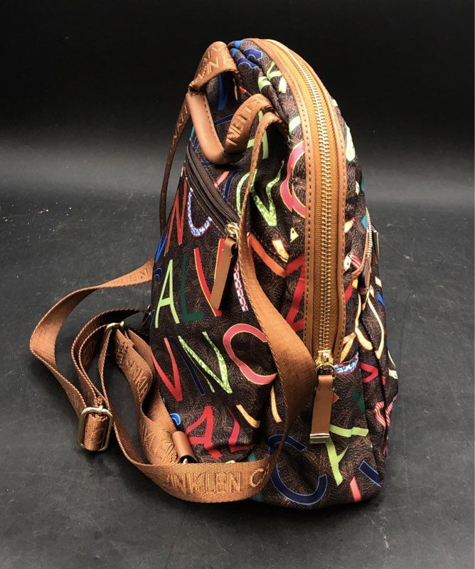 Calvin Klein Brown Multi-Color Graffiti Logo Mini Backpack Gold Hardware