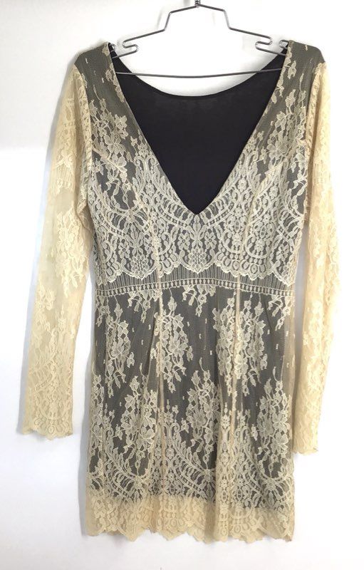 Free People Women's Ivory Lace Long Sleeve Mini Dress Black Lining NWT Sz S