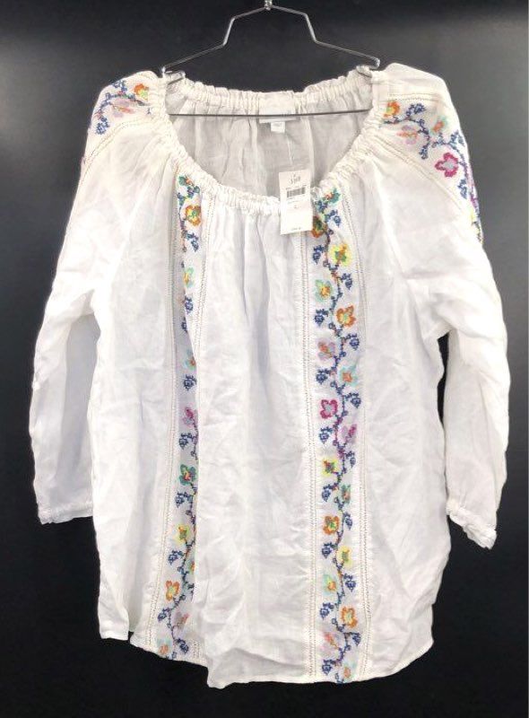 J. Jill Women's Love Linen Embroidered Floral Peasant Blouse White Multi Sz L