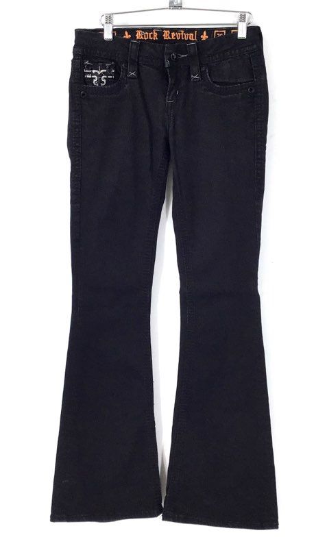 Rock Revival Women's Black Polly Flare Embellished Pocket Low Rise Jeans Size 26