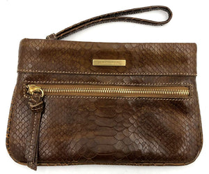 Brahmin Brown Croc Embossed Leather Top-Zip Clutch with Gold-Tone Accents (+COA)