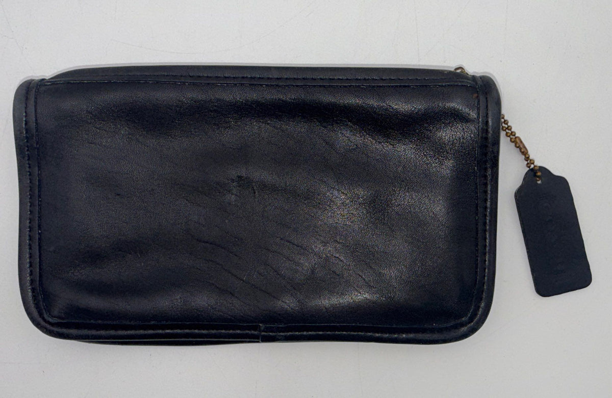 Vintage Coach Black Leather Legacy Pouch Clutch Bag Striped Lining Brass