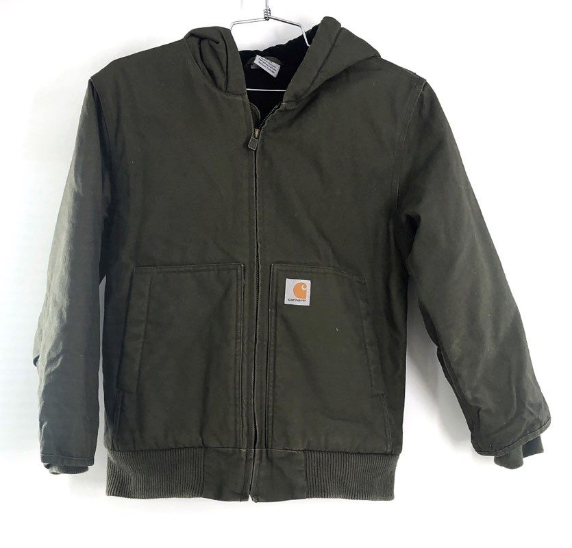 Carhartt Kids' Green Hooded Canvas Quilted Lined Active Jacket Size M 10-12