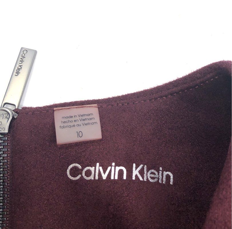 Calvin Klein Women's Burgundy Faux Suede Puff Sleeve Fit Flare Dress Sz 10