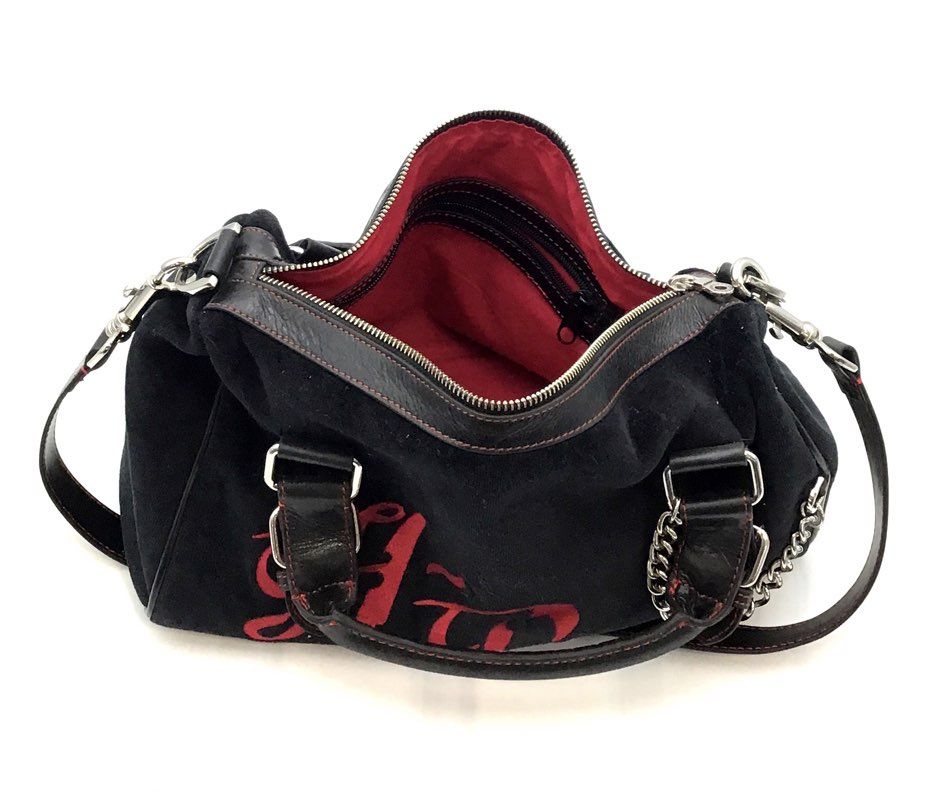 Vintage Harley Davidson Black Suede Red Logo Satchel Crossbody Bag Silver Chain