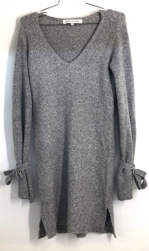 Cupcakes and Cashmere Women's Gray Ribbed V-Neck Tie-Cuff Sweater Dress Sz S