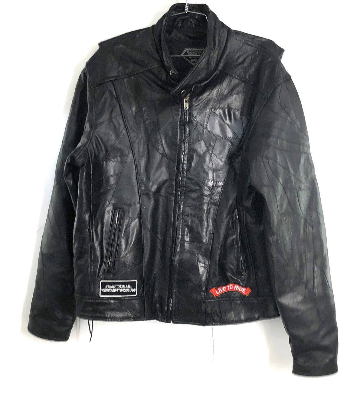 Diamond Plate Buffalo Leather Biker Motorcycle Jacket Live To Ride Patches Sz M