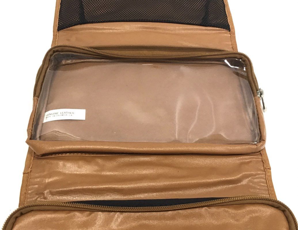 Piel Tan Genuine Leather Hanging Toiletry Bag Travel Dopp Kit Silver Hardware
