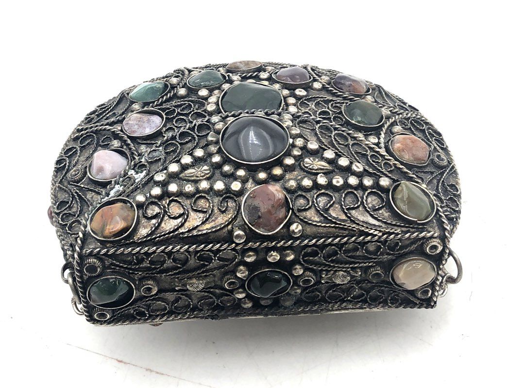 Vintage Sajai Handcrafted Metal Filigree Multi-Stone Evening Bag Crossbody