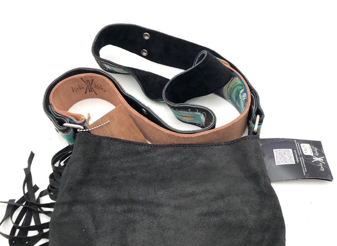Katie Kalsi Black Suede Boho Fringe Crossbody Bag Painted Artisan Strap NWT
