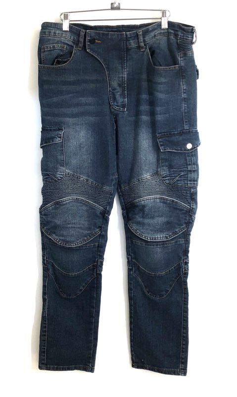 Men's Blue Denim Biker Motorcycle Pants Reinforced Knee Cargo Sz EU M JP L