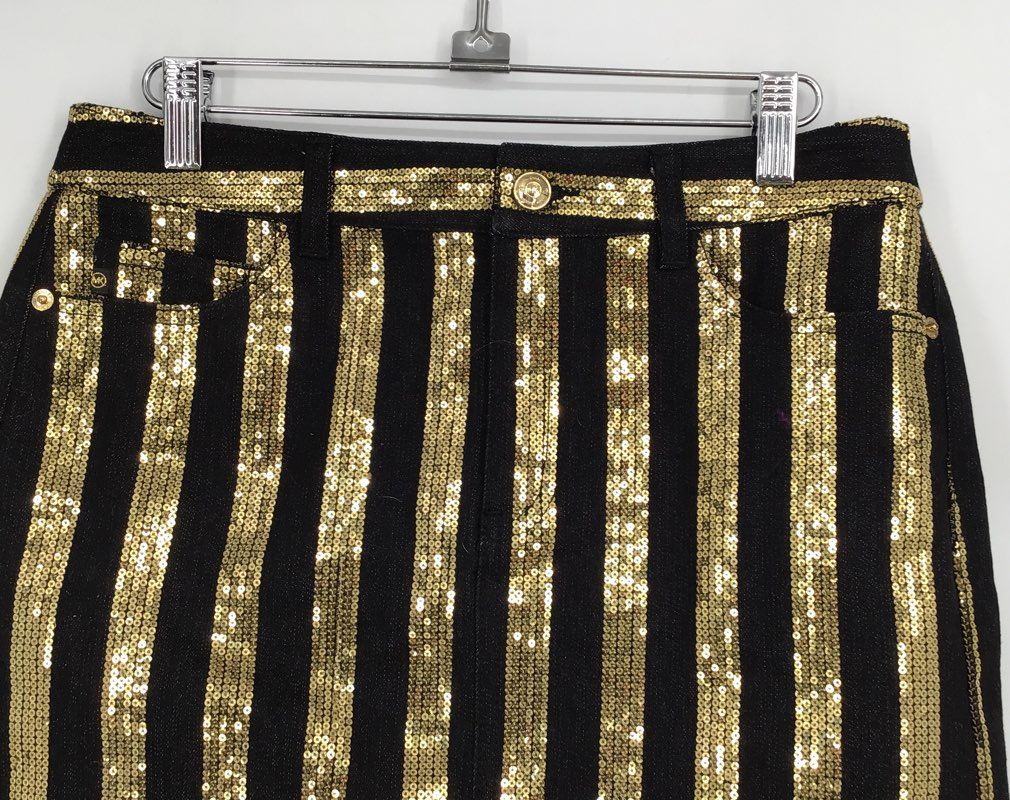 NWT Michael Kors Women&#39;s Gold Black Sequin Striped Mini Skirt - Size 2