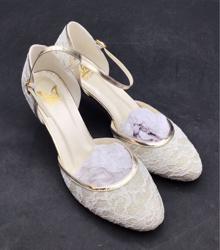Jia Jia White Lace Gold Glitter Ankle Strap D'Orsay Kitten Heel Size EU 41