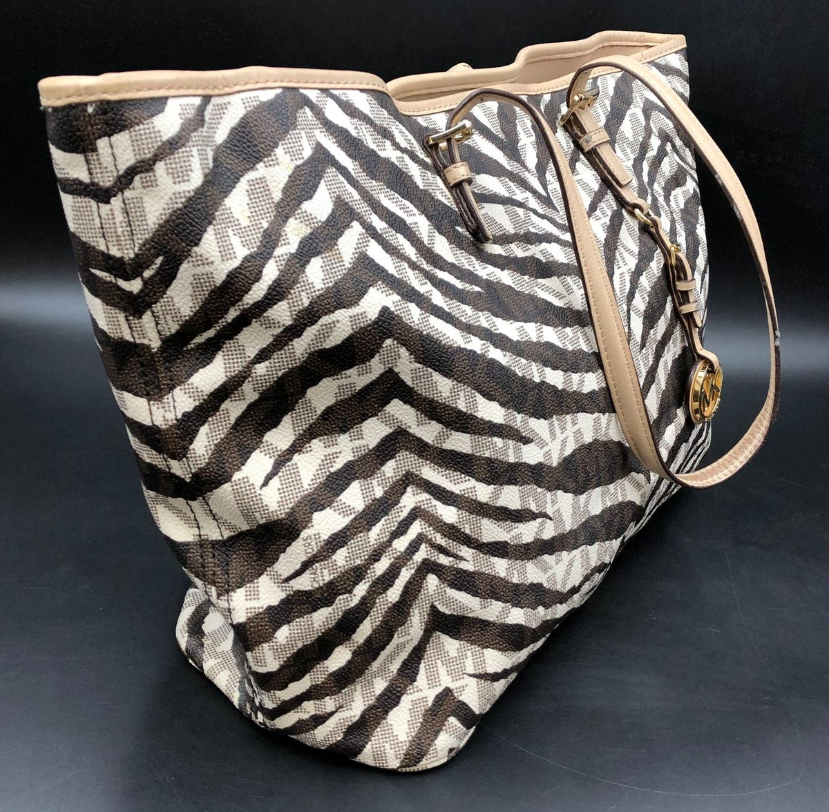 Michael Kors Cream White/Brown Signature Zebra Print Tote w/ Leather Trim (+COA)