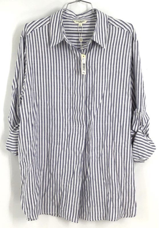 NWT Max Studio Women&#39;s White Blue Striped Tunic Blouse - Size L