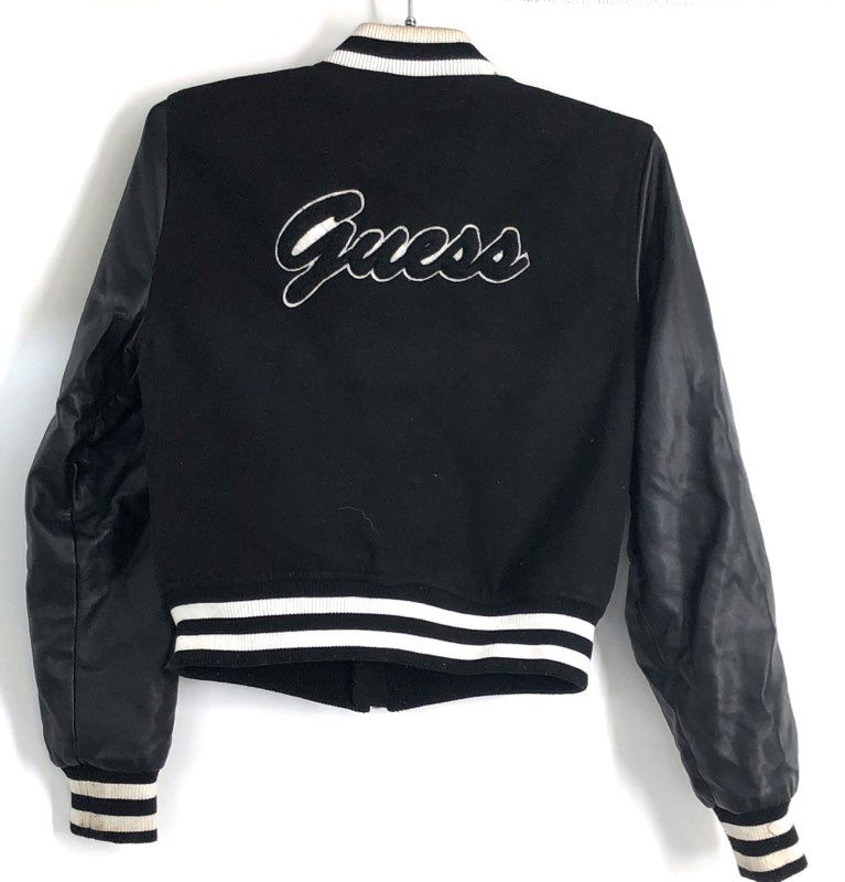 Guess Women's Black Varsity Bomber Jacket Faux Leather Sleeves Logo Back Sz XS