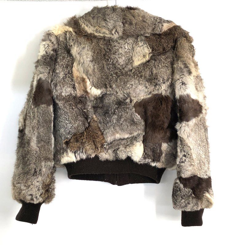 Vintage 80s Women's Rabbit Fur Bomber Jacket Brown Gray Knit Trim Sz L