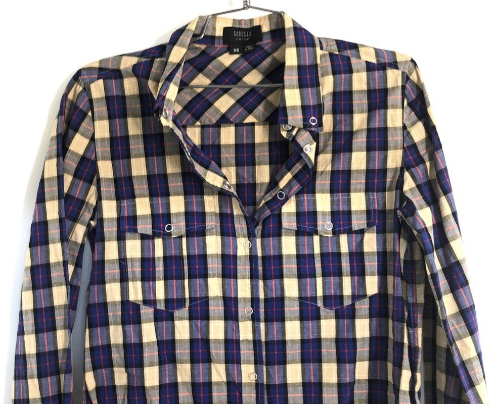 Barneys New York CO-OP Women's Western Snap Shirt Blue Tan Plaid Sz XS