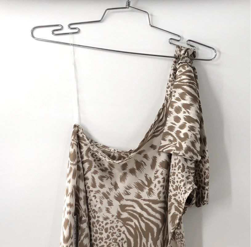 Westmoon Women's Dress Brown Tan Animal Print One Shoulder Asymmetrical NWT Sz L