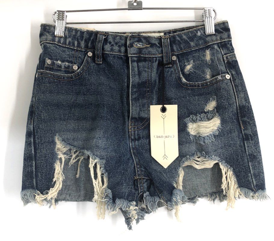 (ban-jara) Women's Blue Distressed Denim Shorts High Rise Frayed Hems Sz 1/24