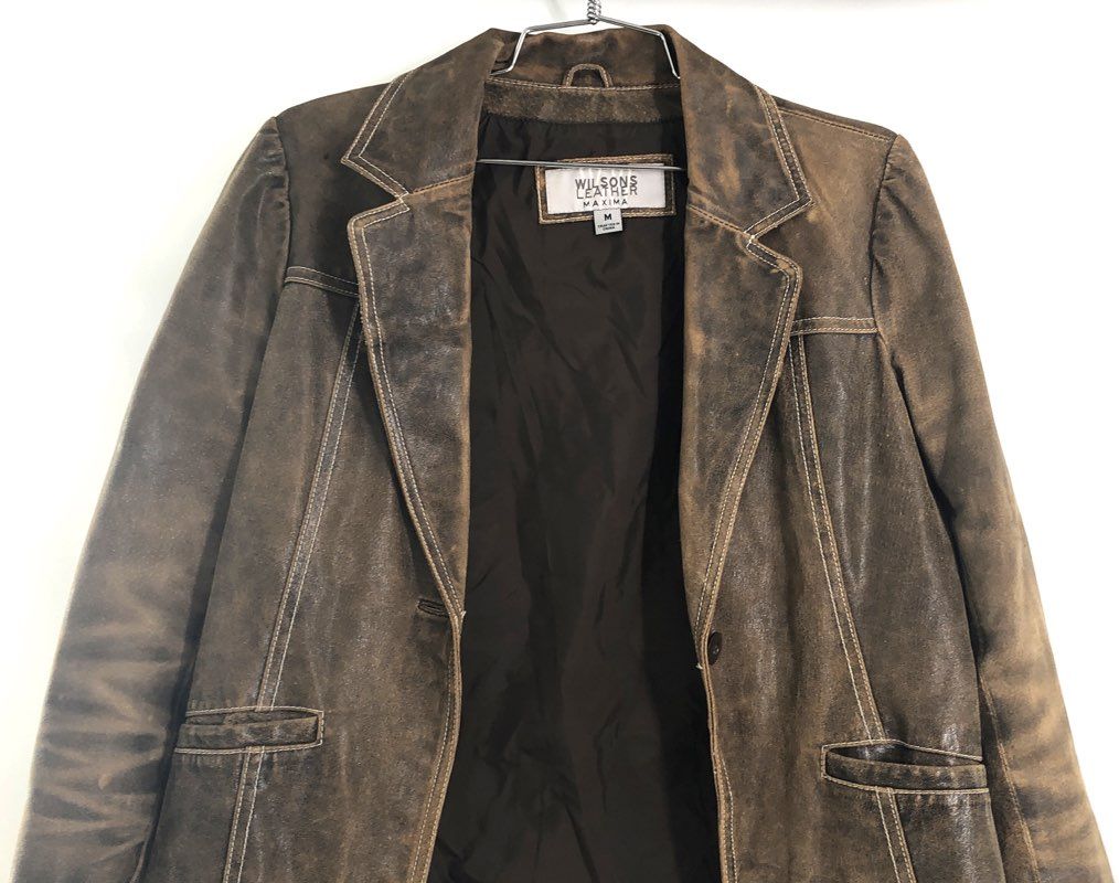 Vintage Y2K Wilsons Leather Maxima Women's Distressed Brown Blazer Jacket Sz M