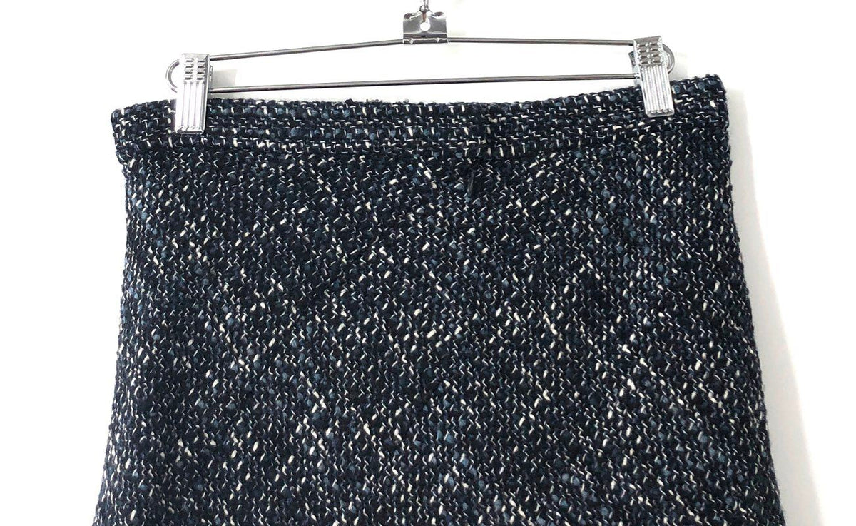 Theory Women's Autumn Tweed Diag Mini Skirt Blue Multi Fringe Hem Sz 4 NWT