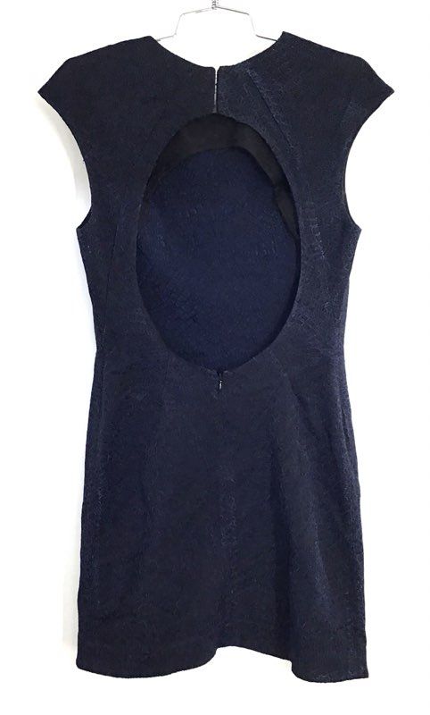 Kimberly Ovitz Women's Navy Textured Jacquard Open Back Dress Silk Lined Sz 8