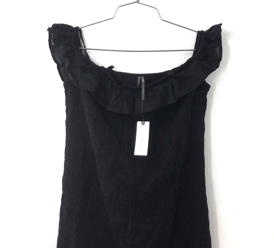 Anthropologie Women's Black Smocked Ruffle Off-Shoulder Rayon Dress Sz S NWT