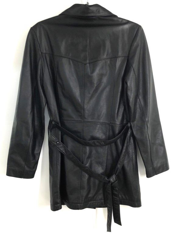 Wilsons Women's Black Leather Belted Trench Coat Jacket Vintage 90s Sz M