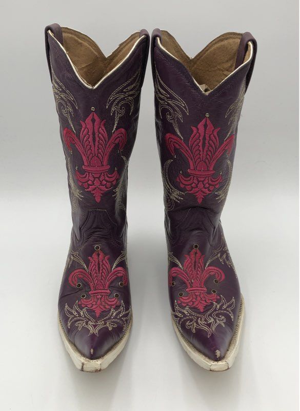 Botas Aguila Real Purple Pink Fleur De Lis Embroidered Cowboy Boots Sz 8.5