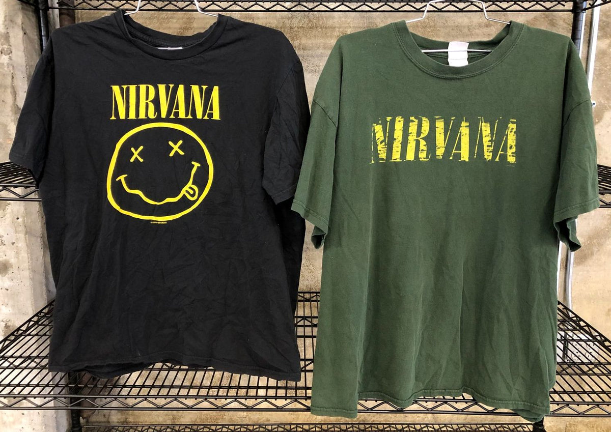 Lot of 2 Vintage Y2K Nirvana Band T-Shirts: Black/Smiley (L) &amp; Green/Logo (XL)