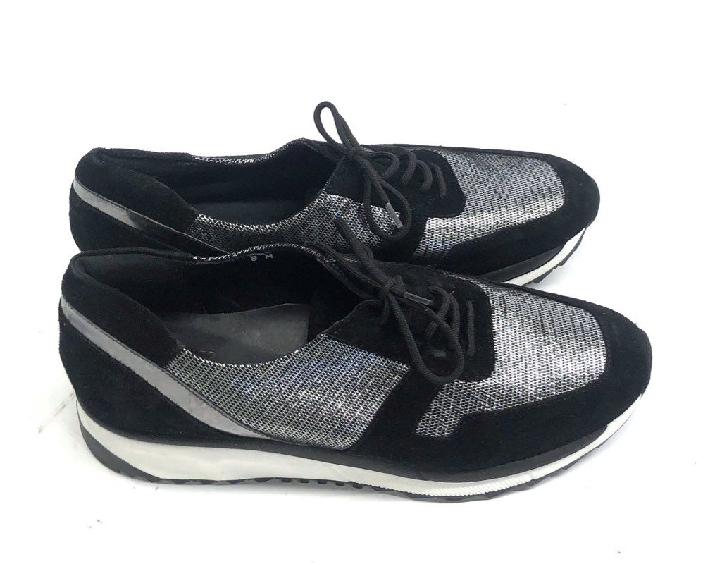 Sesto Meucci Black Silver Metallic Shimmer Lace Up Sneakers Women's Size 8M