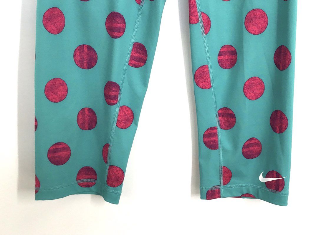 Nike Pro Women's Teal Pink Polka Dot Cropped Training Leggings Capris Sz L