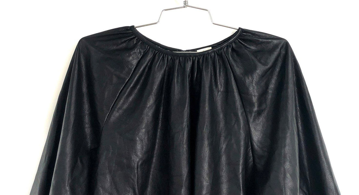 Wilfred Women's Black Faux Vegan Leather Puff Sleeve Gathered Blouse Top Sz XS