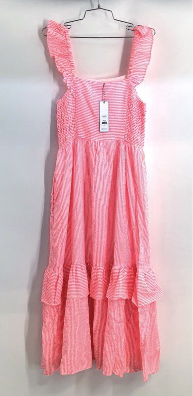 Draper James Women's Carrie Midi Dress Pink Seersucker Ruffle Sz M NWT
