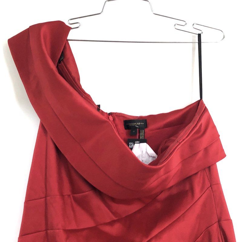 Donna Karan New York Women's Red One Shoulder Ruched High Slit Gown Maxi Sz 14