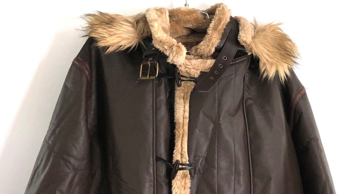 Men's Brown Faux Leather Shearling Hooded Bomber Jacket Toggle Closure Sz 2XL